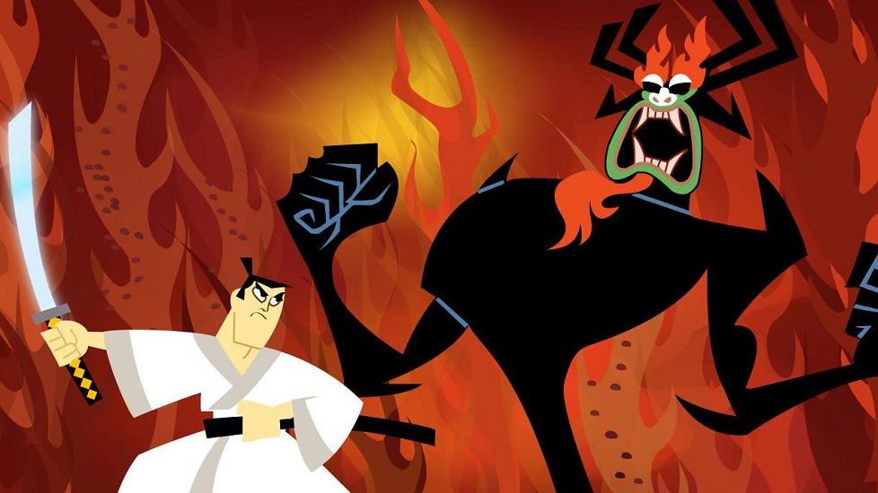 Samurai Jack è un esempio di animazione americana ispirata dagli anime. È cartone animato americano fortemente influenzato dagli anime. In questa immagine è possibile vedere Jack contro Aku, suo acerrimo nemico